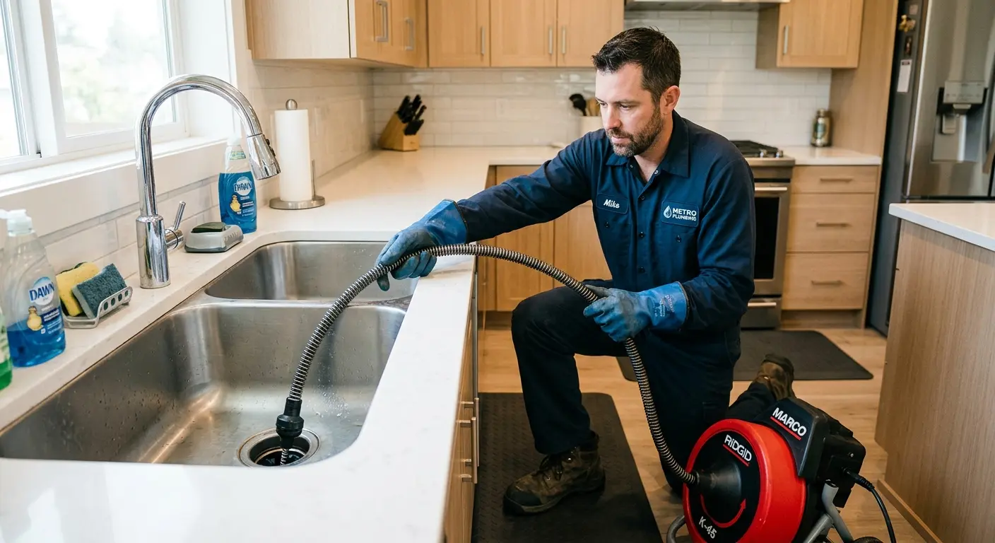 Drain cleaning technician using a motorized snake on a kitchen sink in Milford