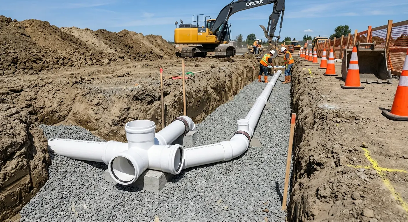 New PVC sewer pipe installation in open trench for Sewer Backup in Milford