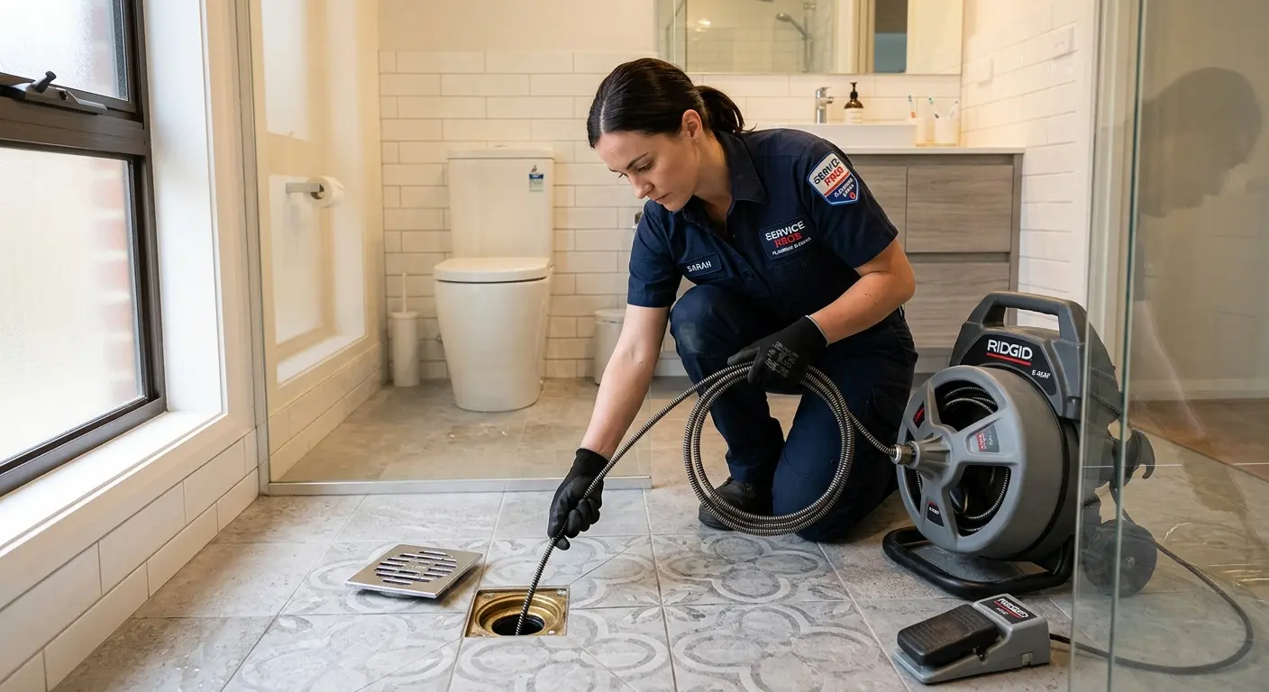 Technician clearing a bathroom floor drain for Clogged Drain Repair in Milford
